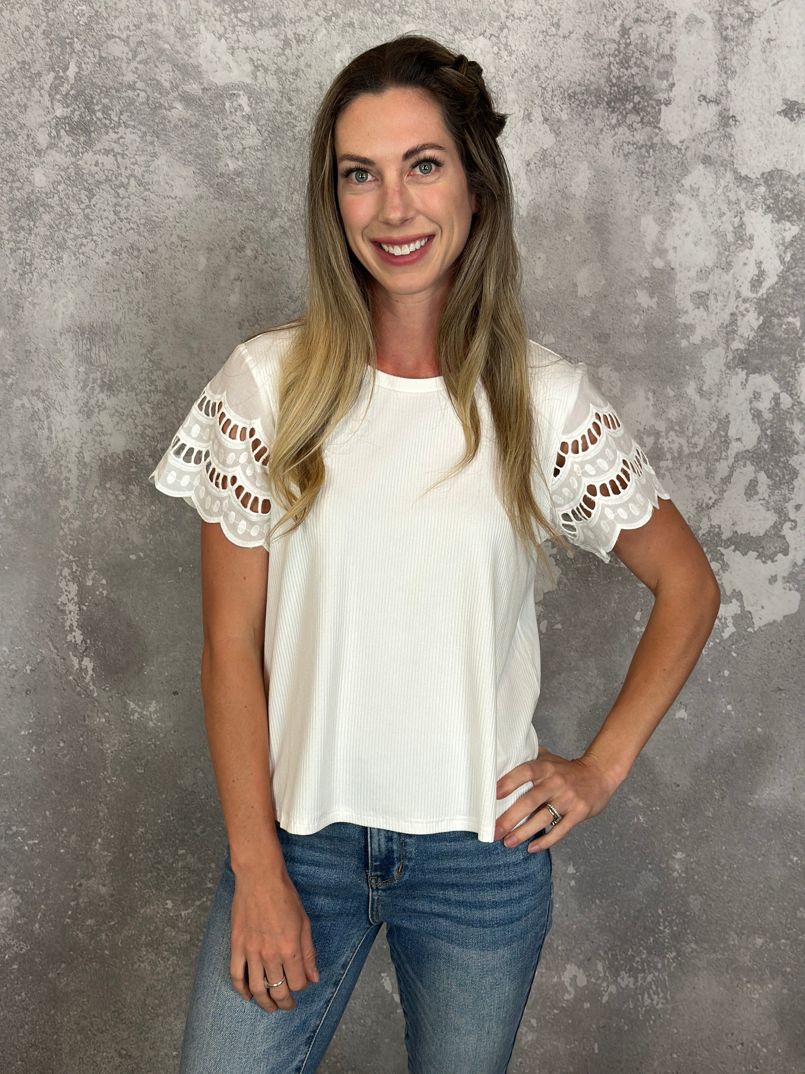 Ivory Lace Sleeve Tee (Small - 3X)
