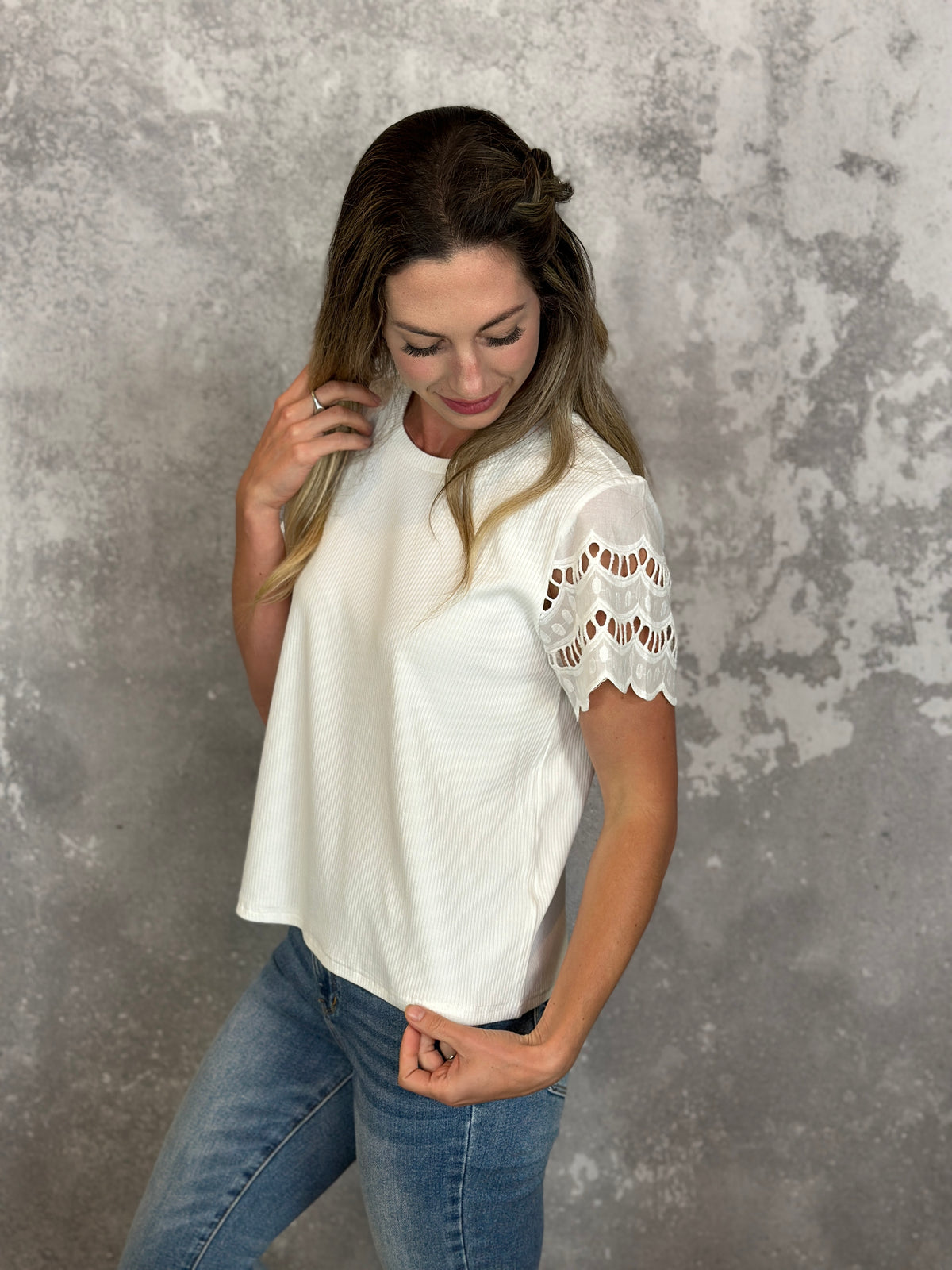 Ivory Lace Sleeve Tee (Small - 3X)
