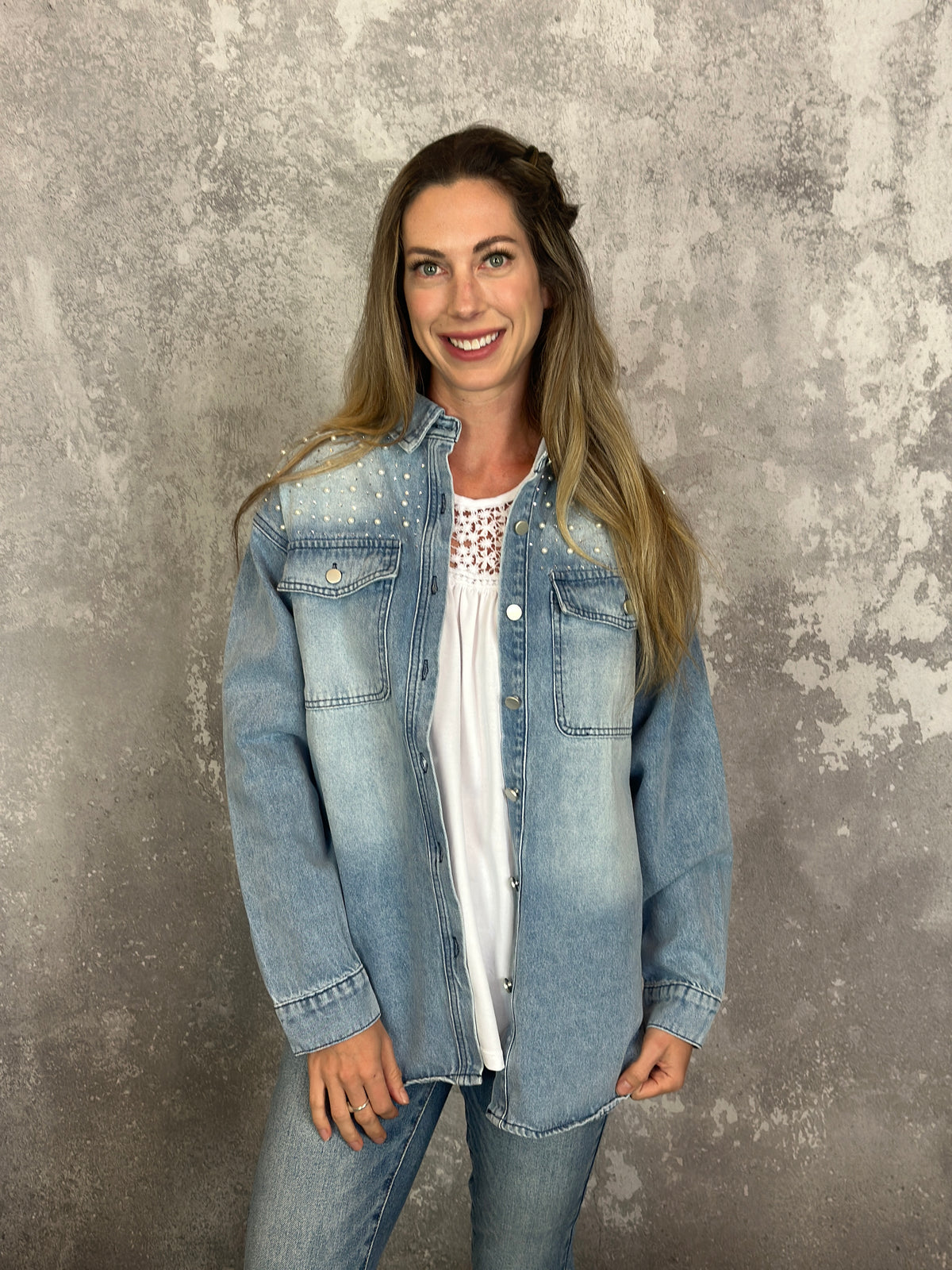 Denim Rhinestone Pearl Jacket (Small - 3X)