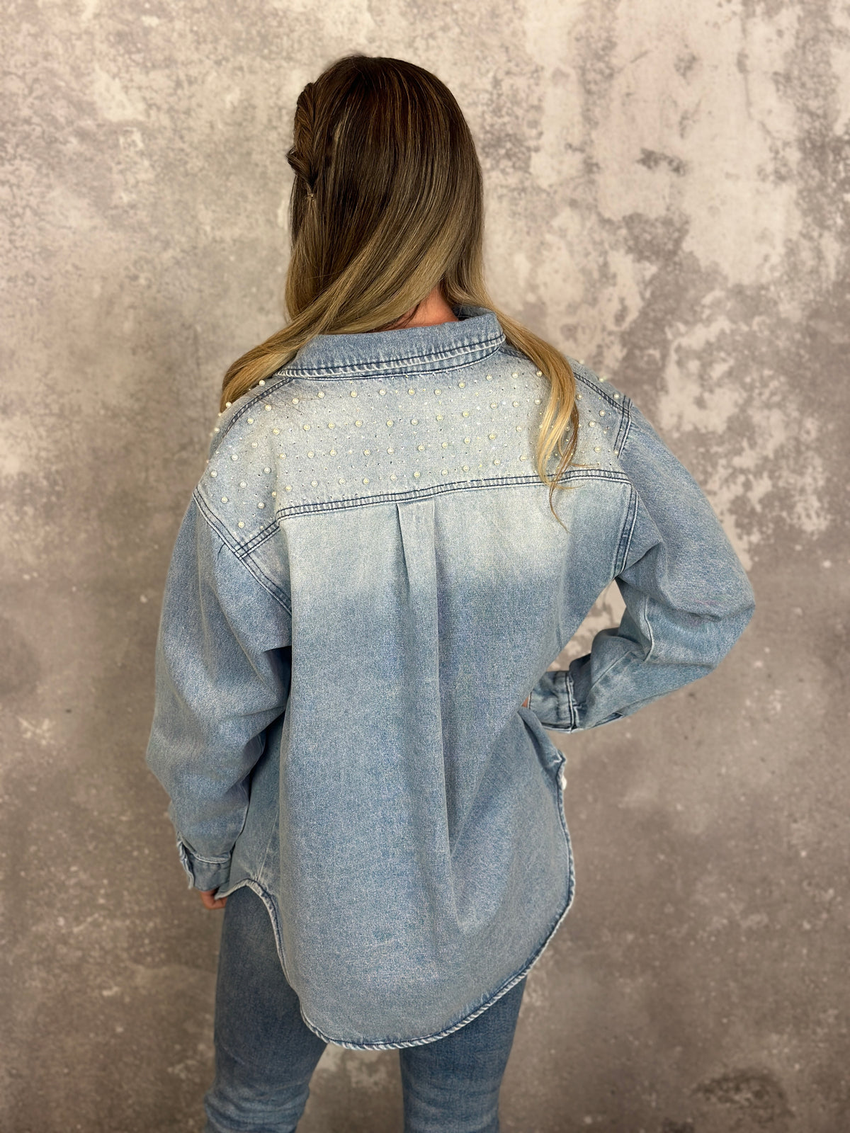 Denim Rhinestone Pearl Jacket (Small - 3X)
