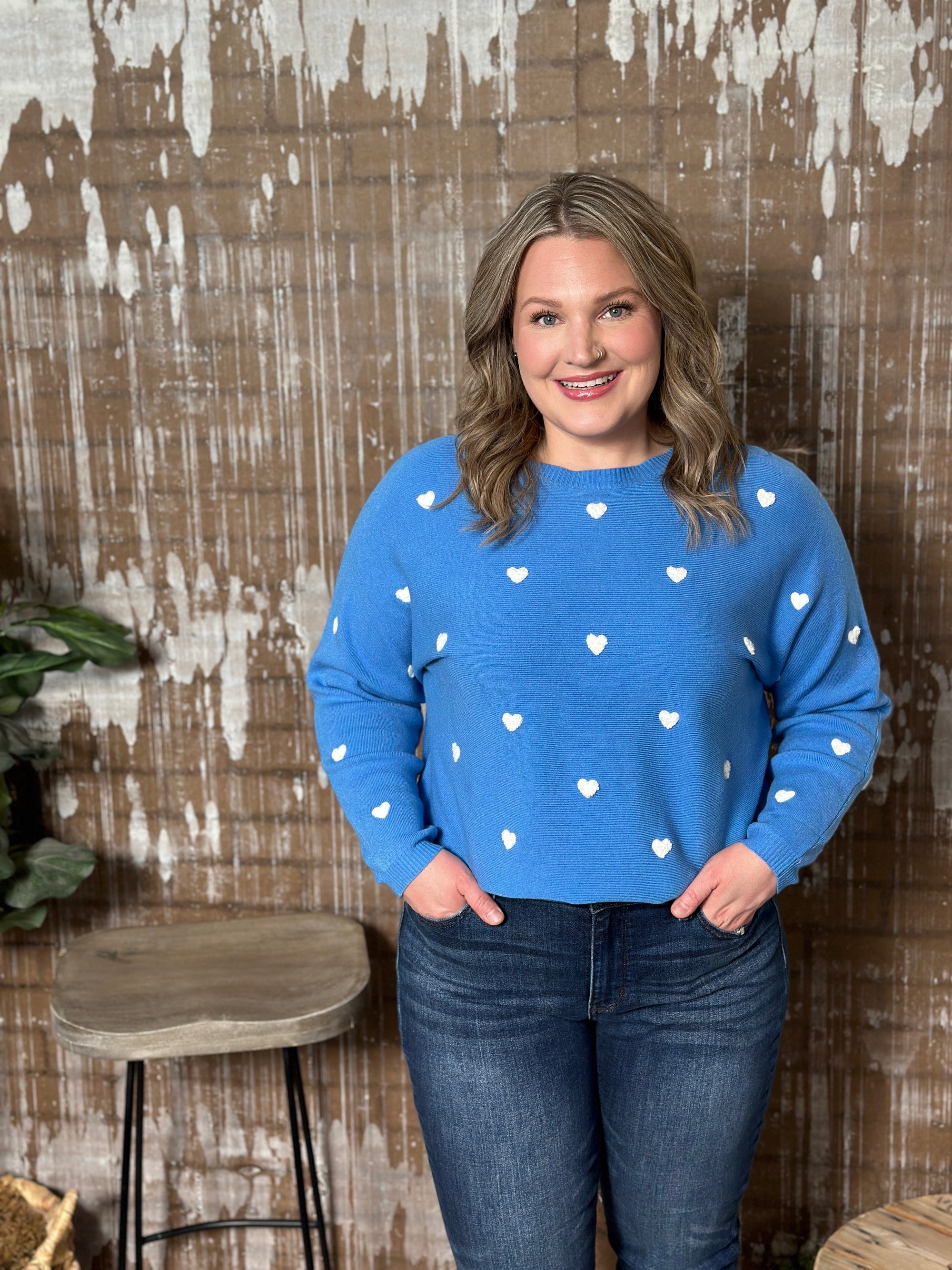 Blue Sweater with White Hearts - FINAL SALE