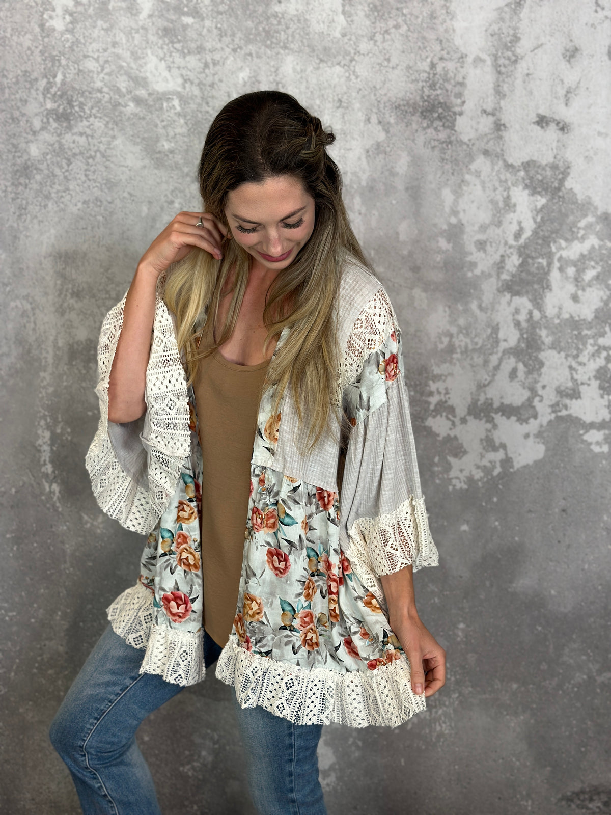 Grey Lace Floral Kimono