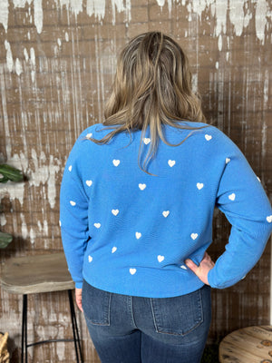 Blue Sweater with White Hearts - FINAL SALE