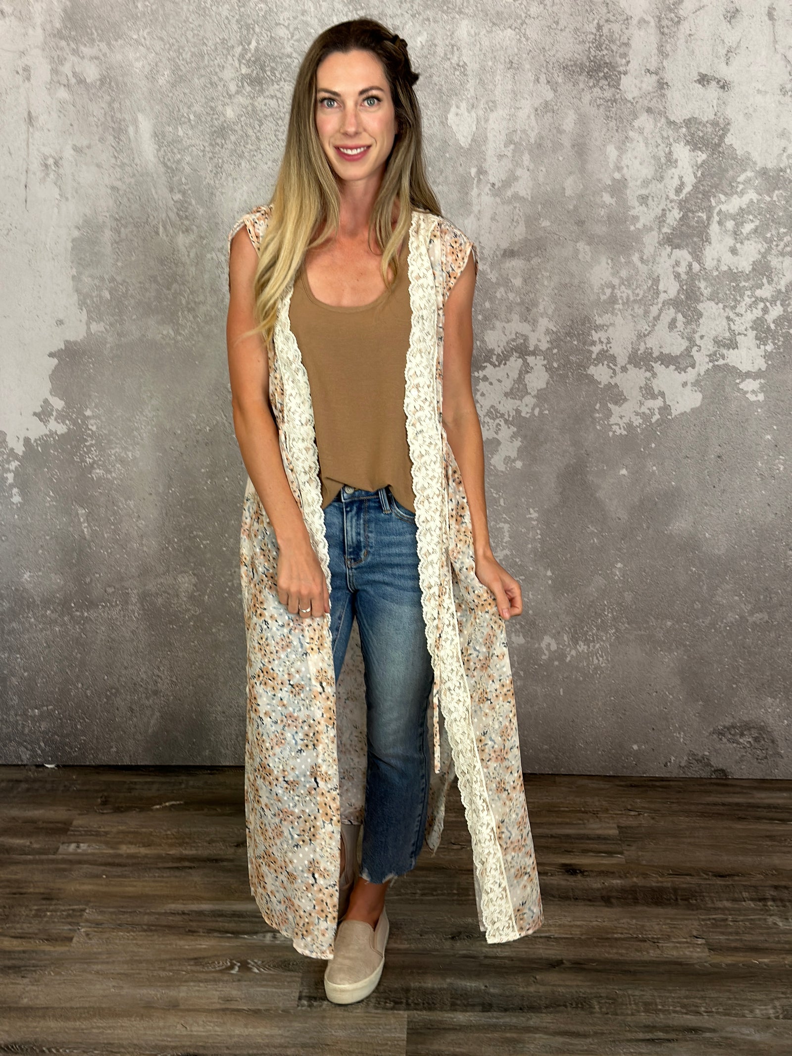 Cream Floral Lace Duster Vest
