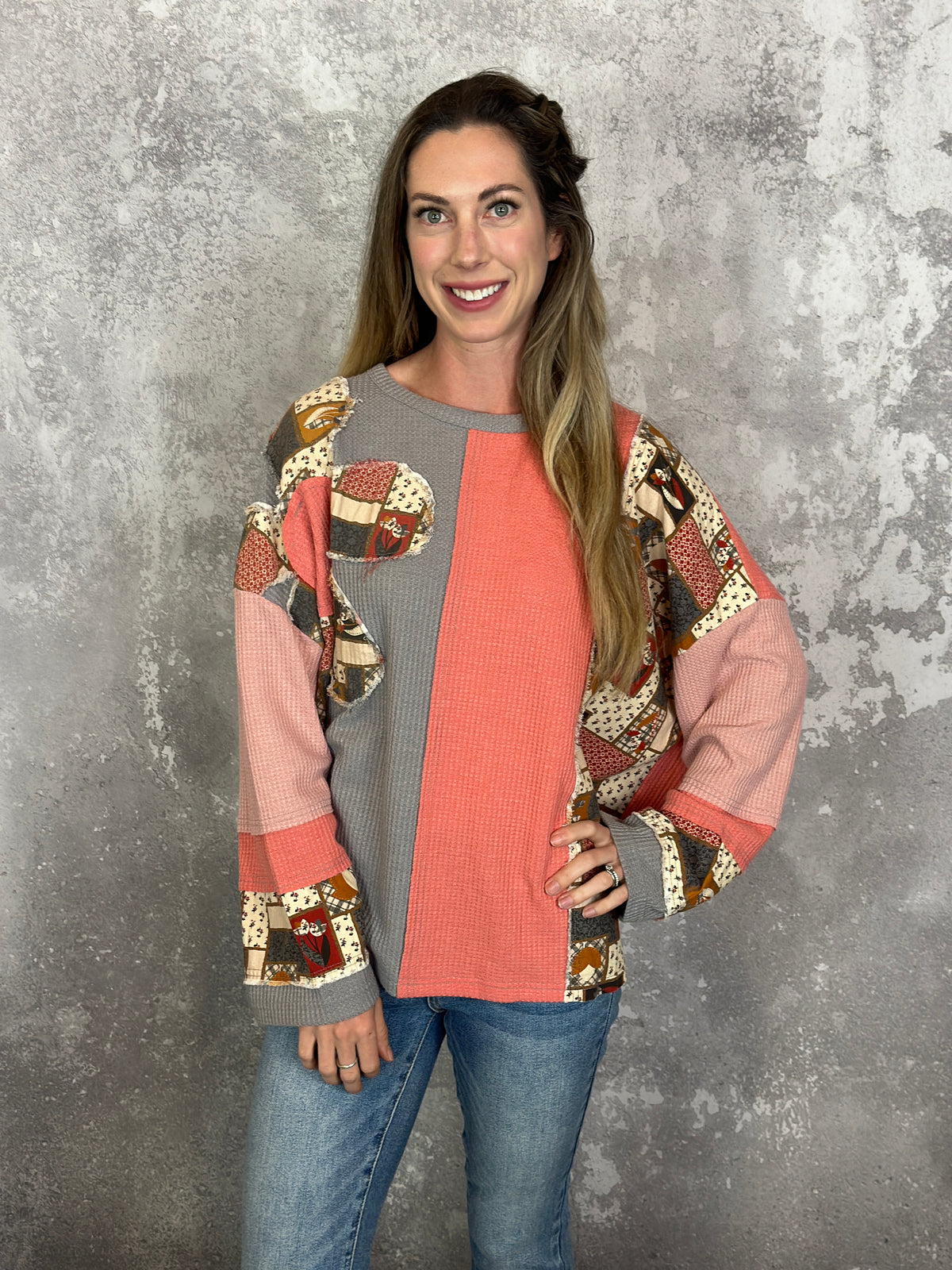 Coral Patchwork Waffle Top  (Small - 3X)