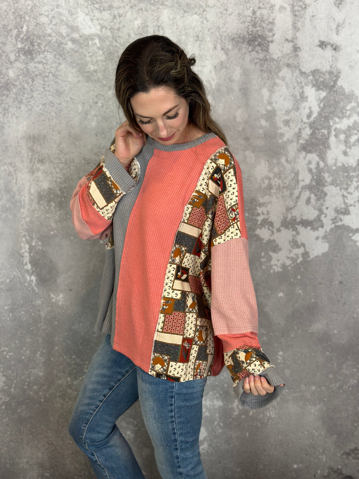 Coral Patchwork Waffle Top  (Small - 3X)