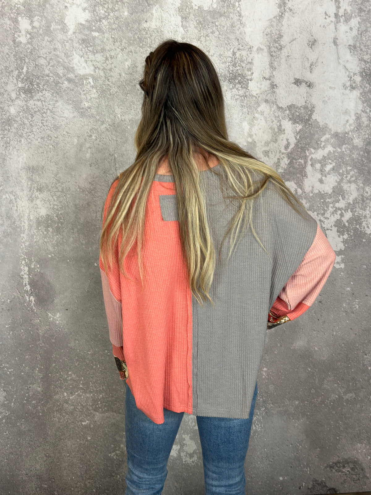Coral Patchwork Waffle Top  (Small - 3X)