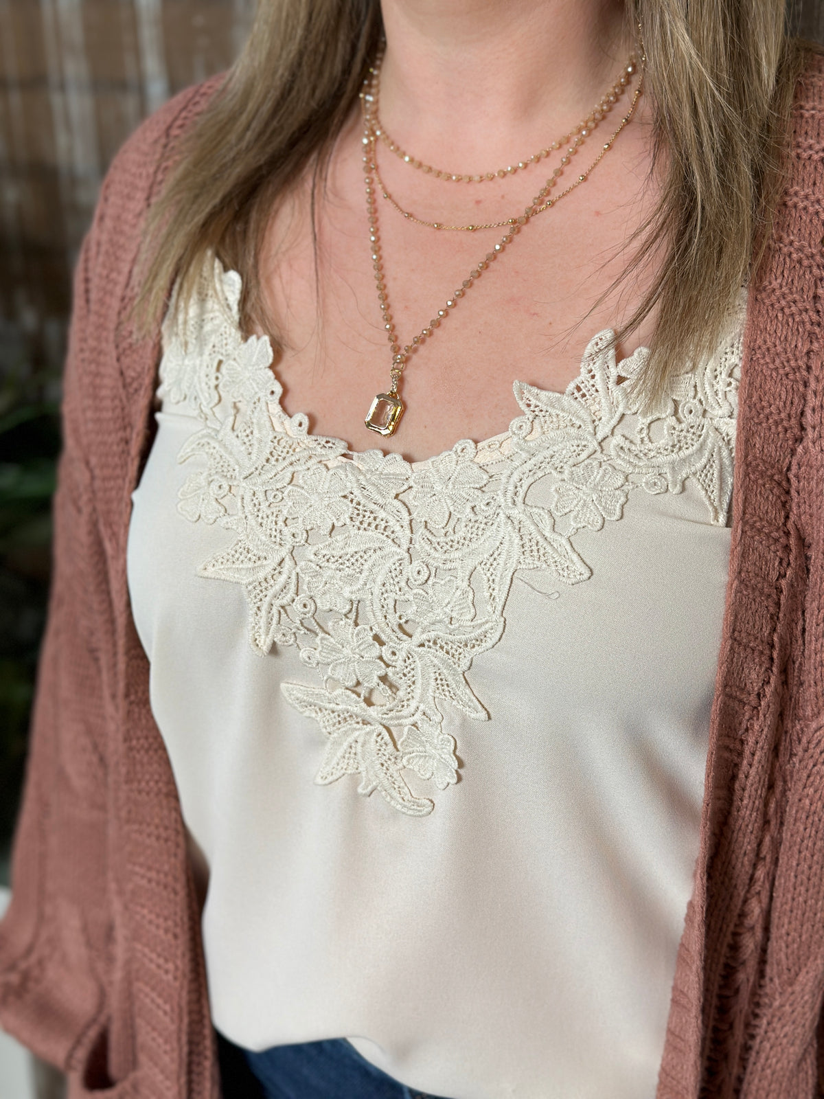 3 Strand Taupe and Gold Gem Necklace