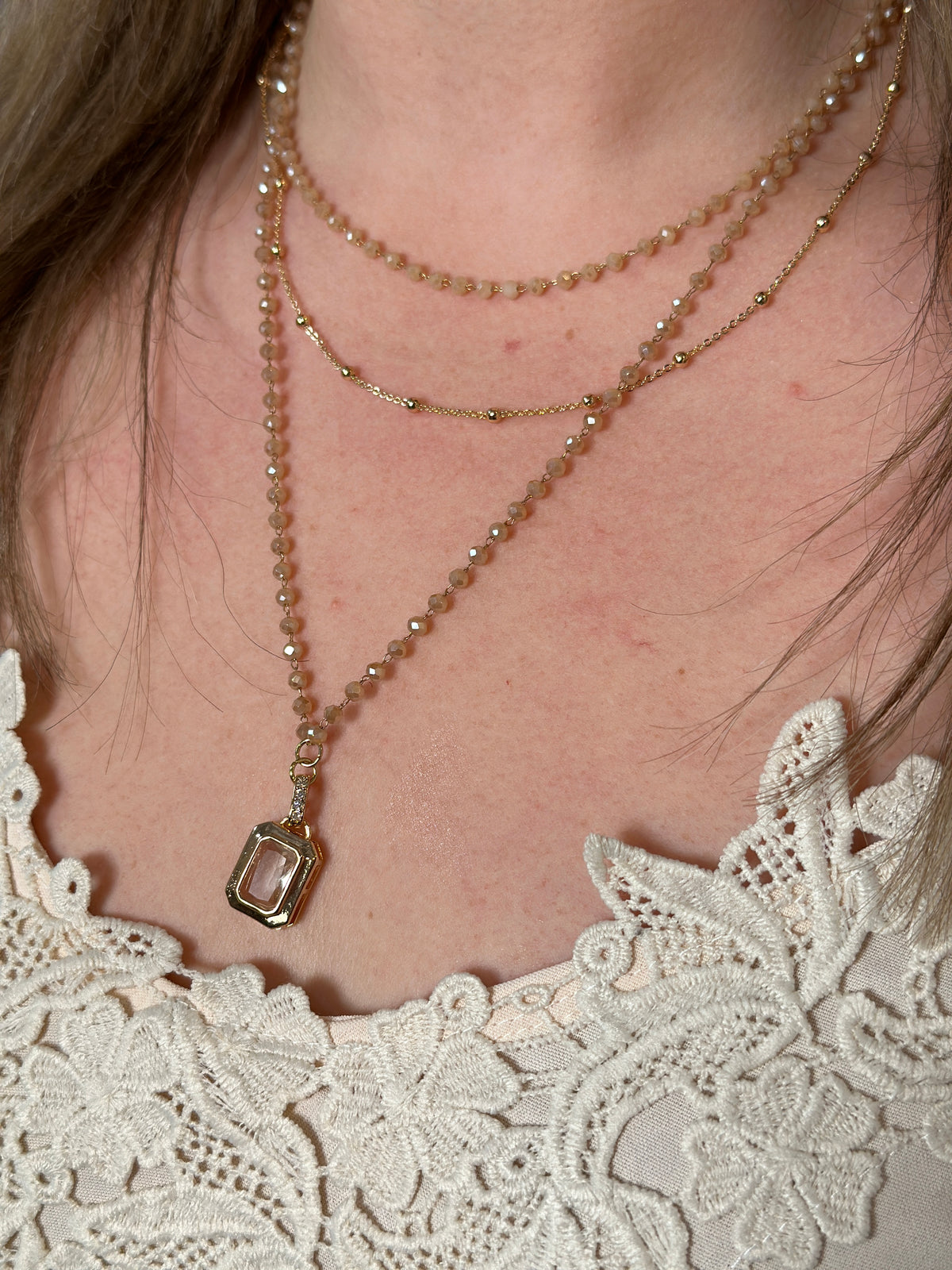 3 Strand Taupe and Gold Gem Necklace