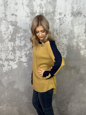 Mustard and Navy Thermal Long Sleeve Top (Small - 3X) FINAL SALE