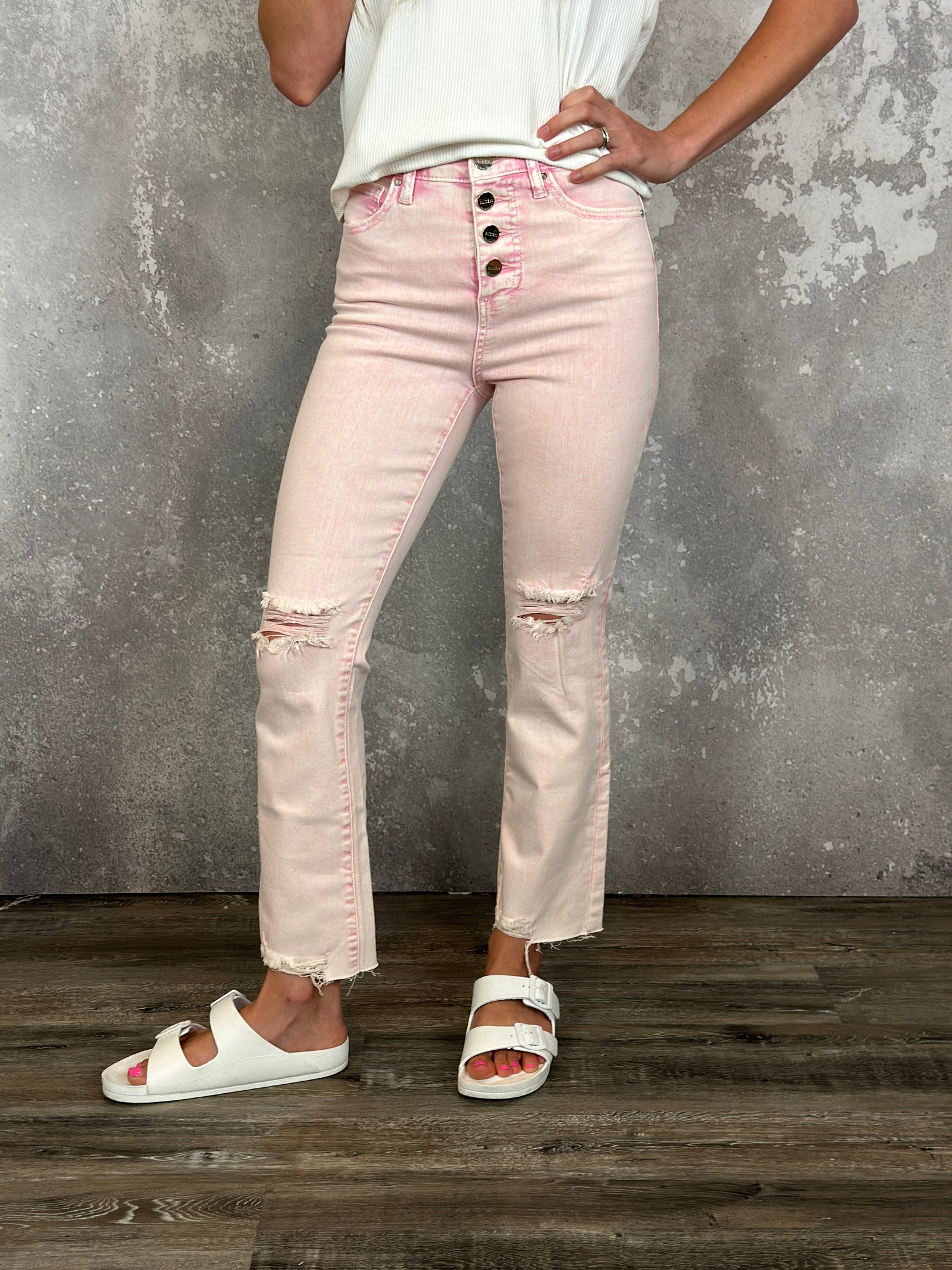Button Fly Blush Risen Crop  (Sizes 25-32 & 1X-3X) - FINAL SALE