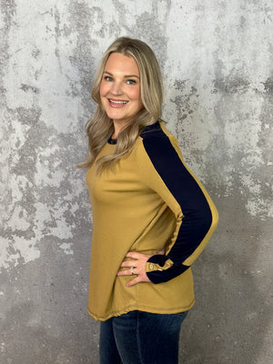 Mustard and Navy Thermal Long Sleeve Top (Small - 3X) FINAL SALE