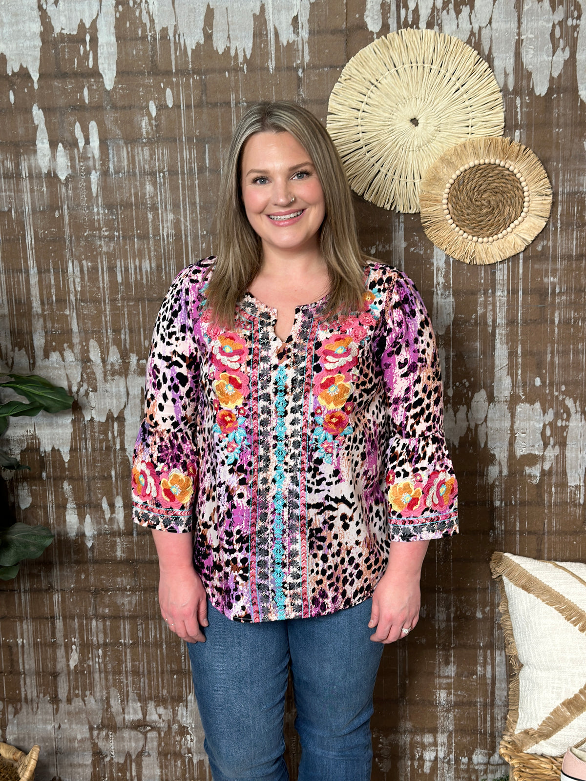 Embroidered Mauve and Purple 3/4 Sleeve Top (Small - 3X)