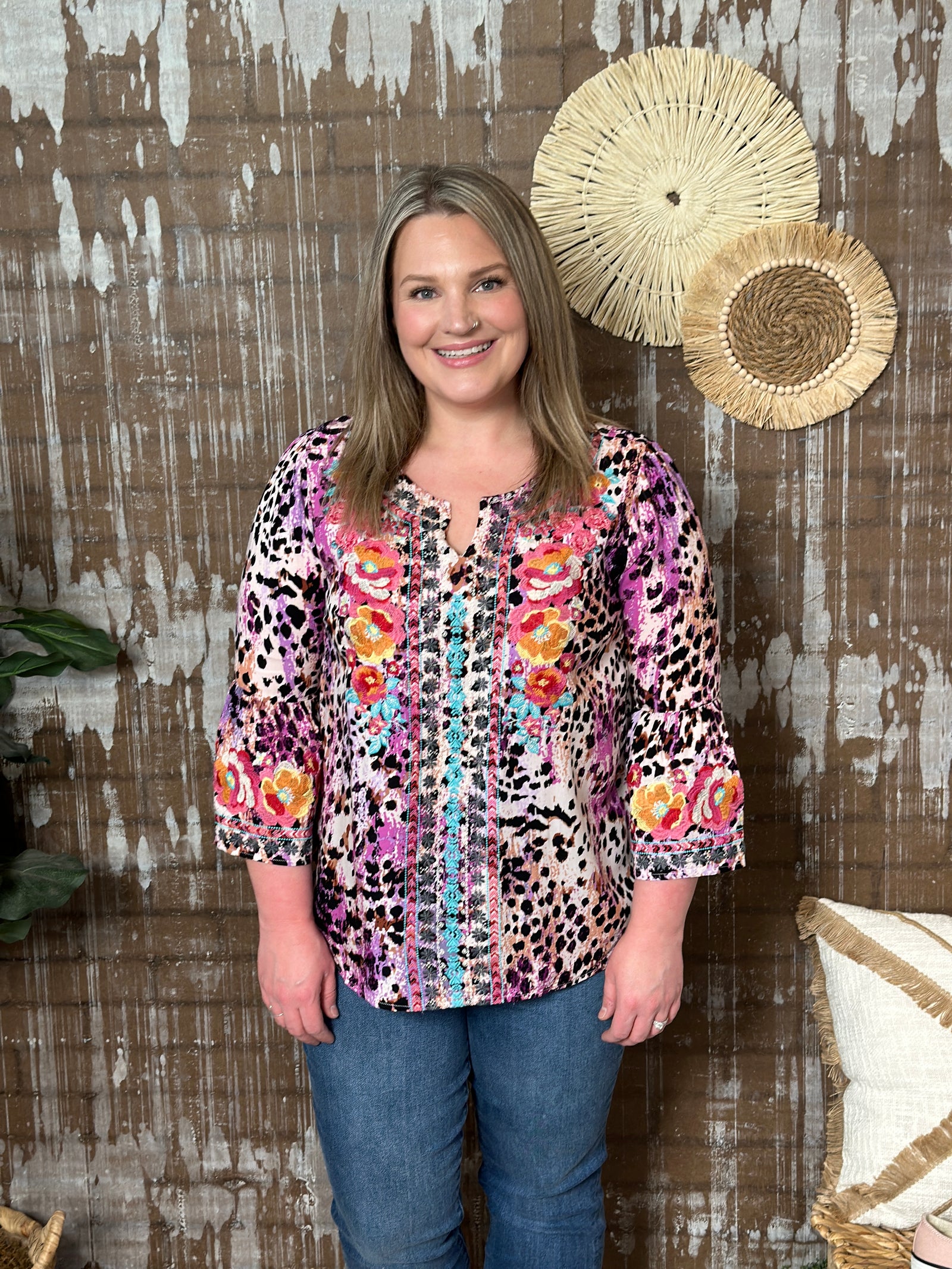 Embroidered Mauve and Purple 3/4 Sleeve Top (Small - 3X) - FINAL SALE