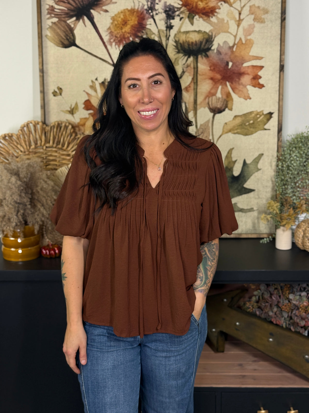 Pleated Blouse - Brown