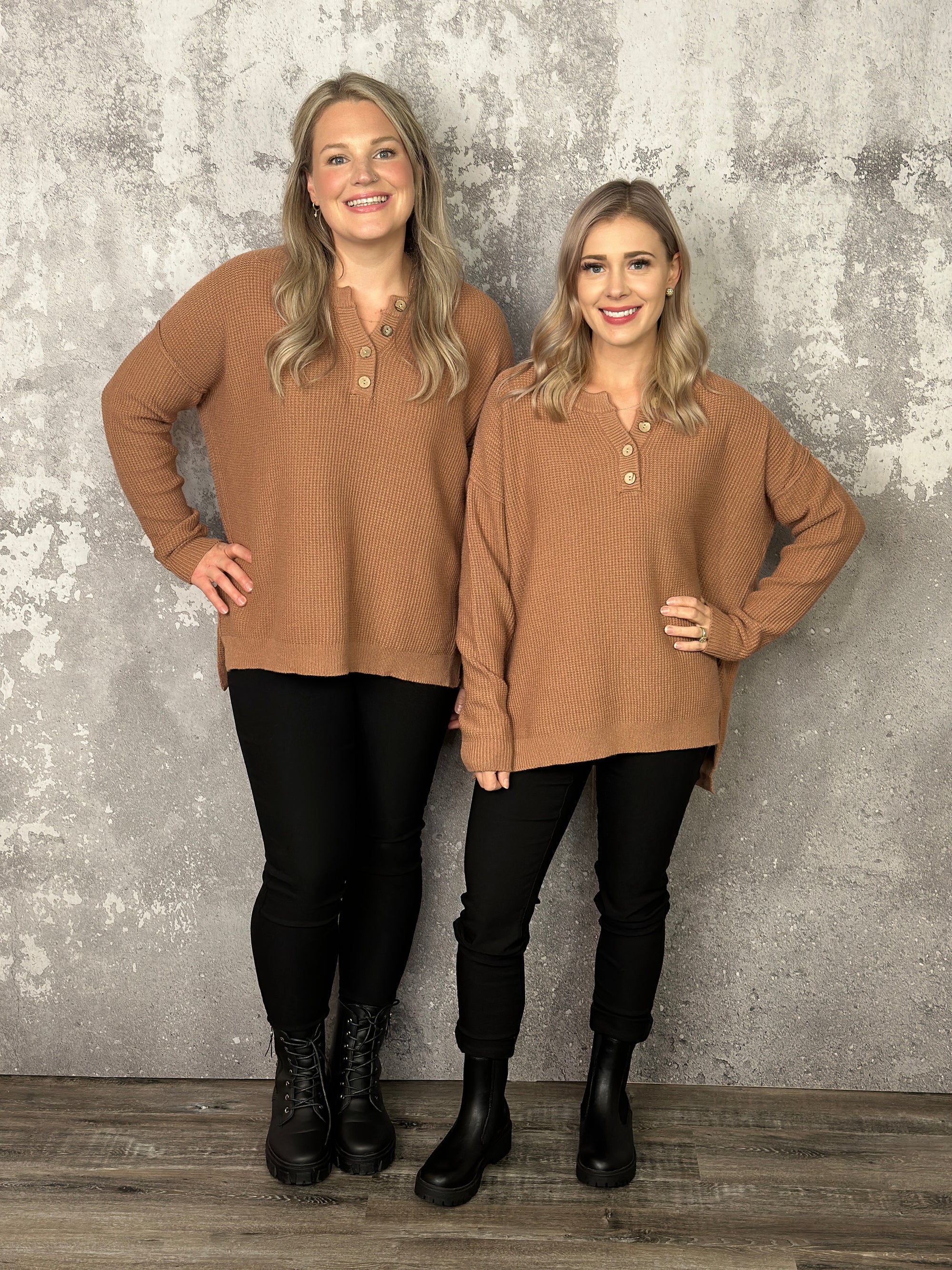 Camel Button Detail Waffle Top