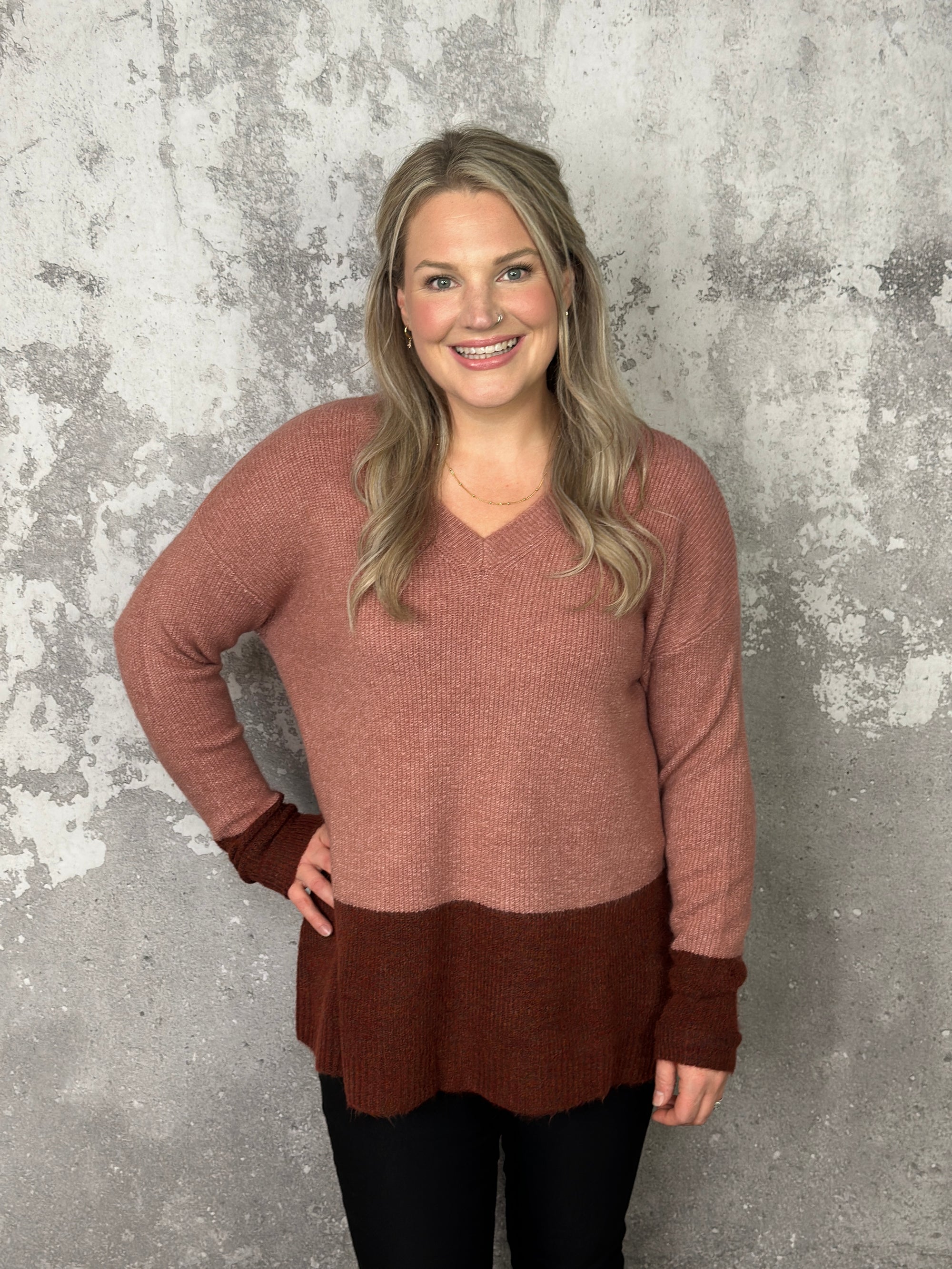 Lightweight Vneck Two Tone Sweater - FINAL SALE