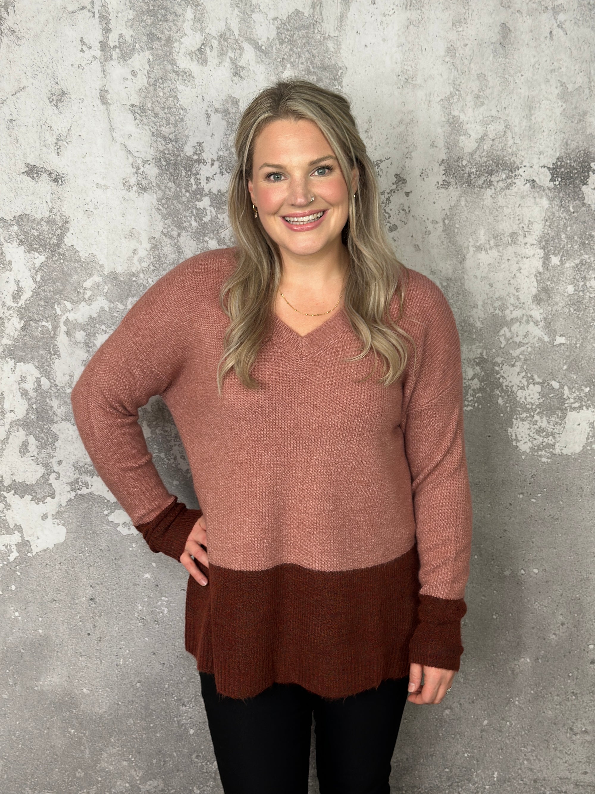 Lightweight Vneck Two Tone Sweater