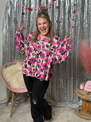 Light Grey and Hot Pink Floral Blouse (Small - 3X) - FINAL SALE