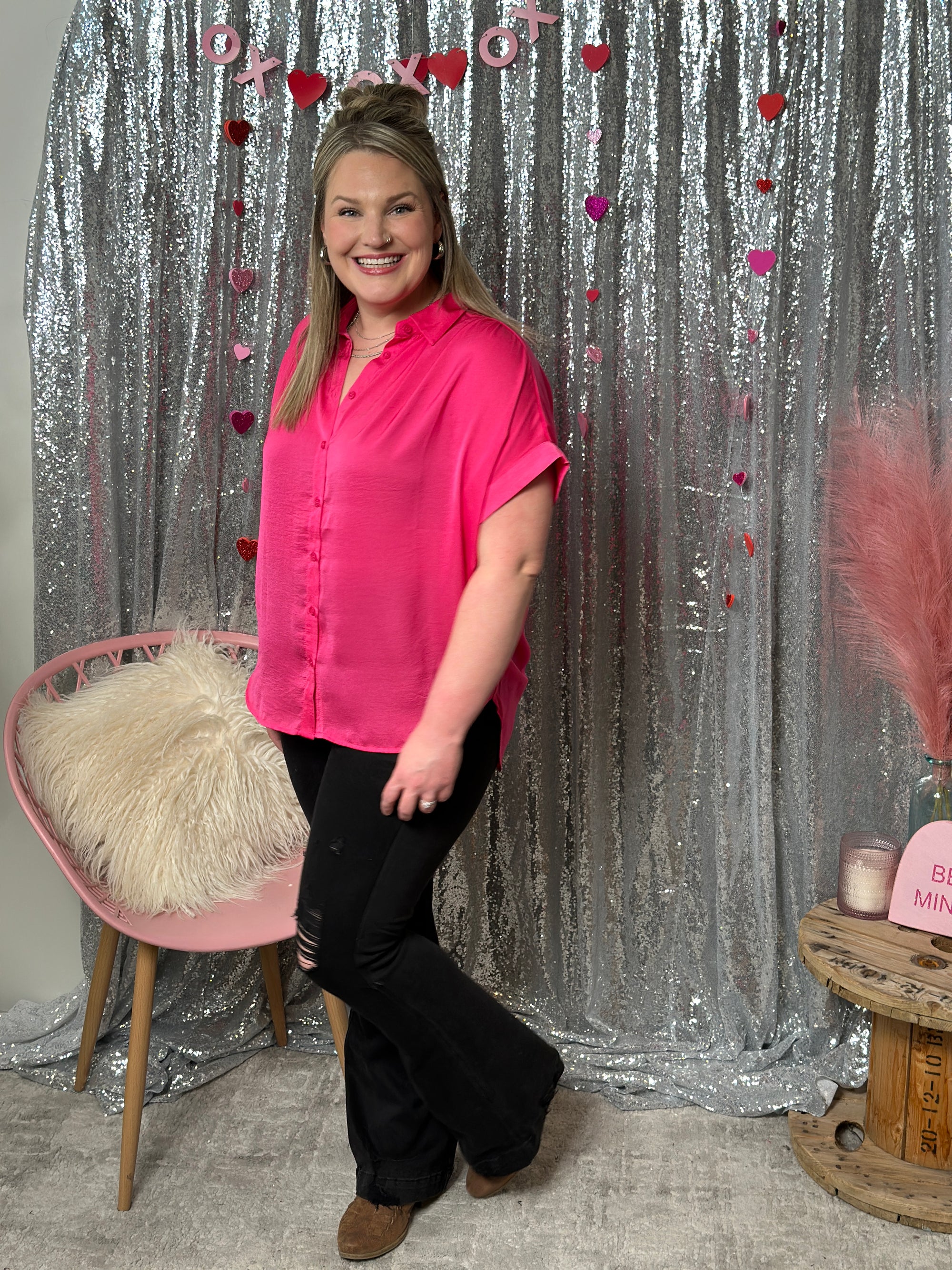 Short Sleeve Button Up Satin Like Top  - Pink - FINAL SALE