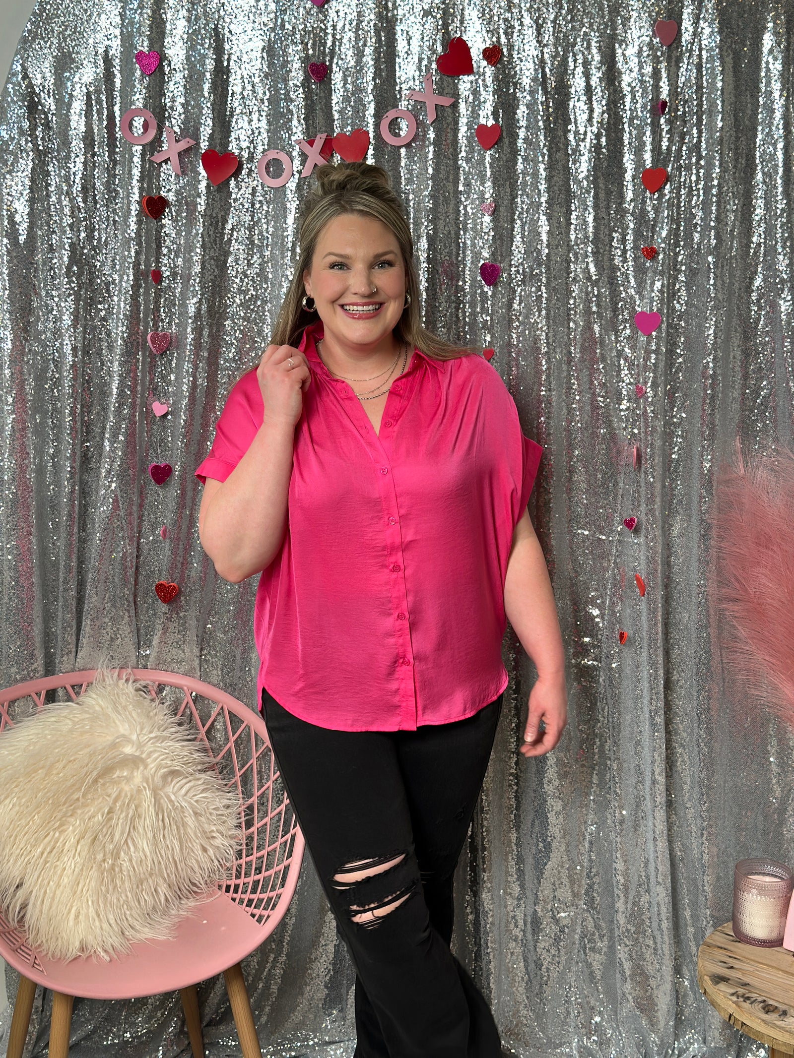 Short Sleeve Button Up Satin Like Top  - Pink - FINAL SALE