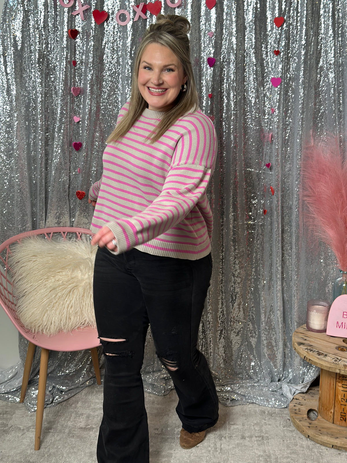 Taupe and Pink Stripe Sweater