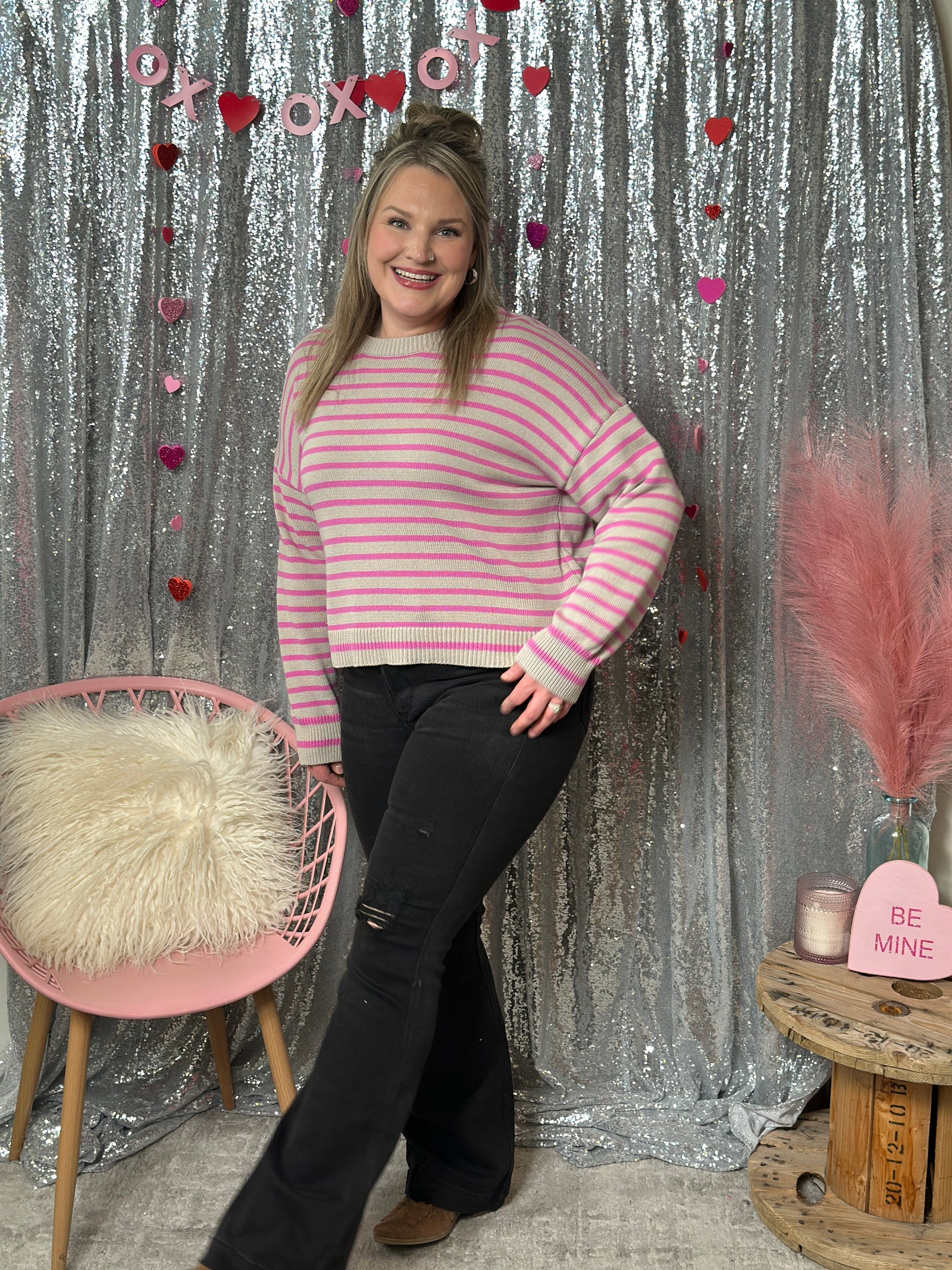 Taupe and Pink Stripe Sweater