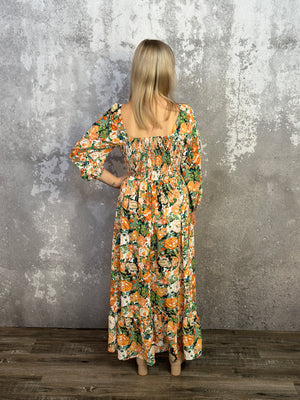 High Low Fall Floral Smocked Long Sleeve Dress