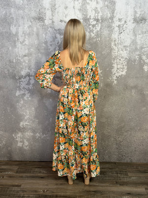 High Low Fall Floral Smocked Long Sleeve Dress