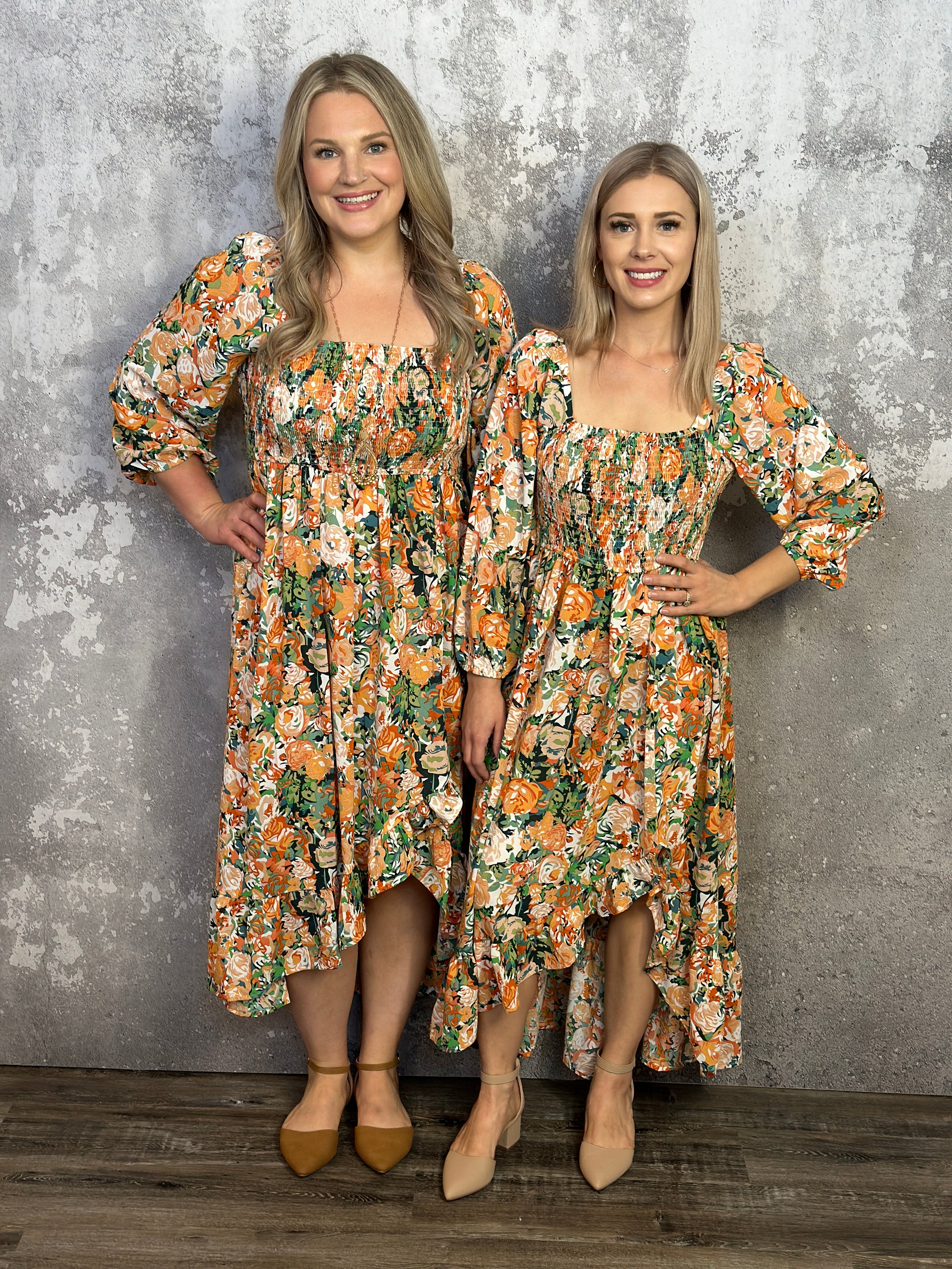 High Low Fall Floral Smocked Long Sleeve Dress