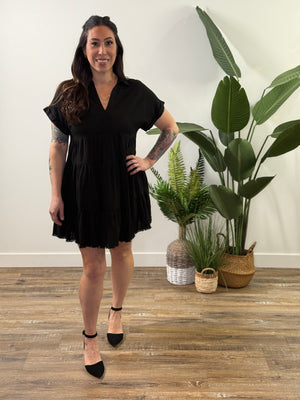 Black Collared Tiered Linen Dress (Small - 2X)