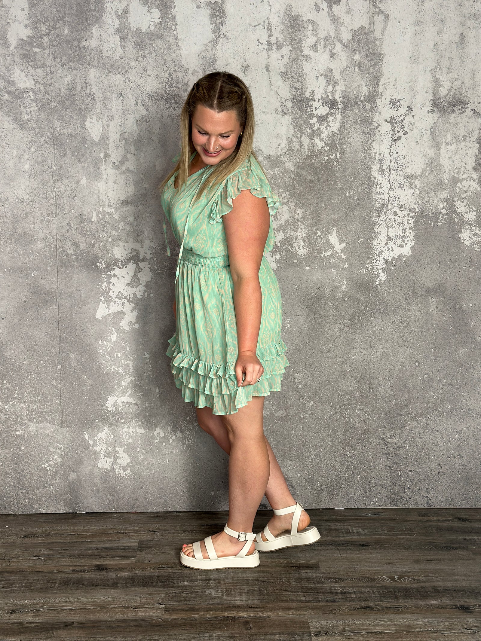 Ruffle Print Rachel Dress - Mint/Cream - FINAL SALE