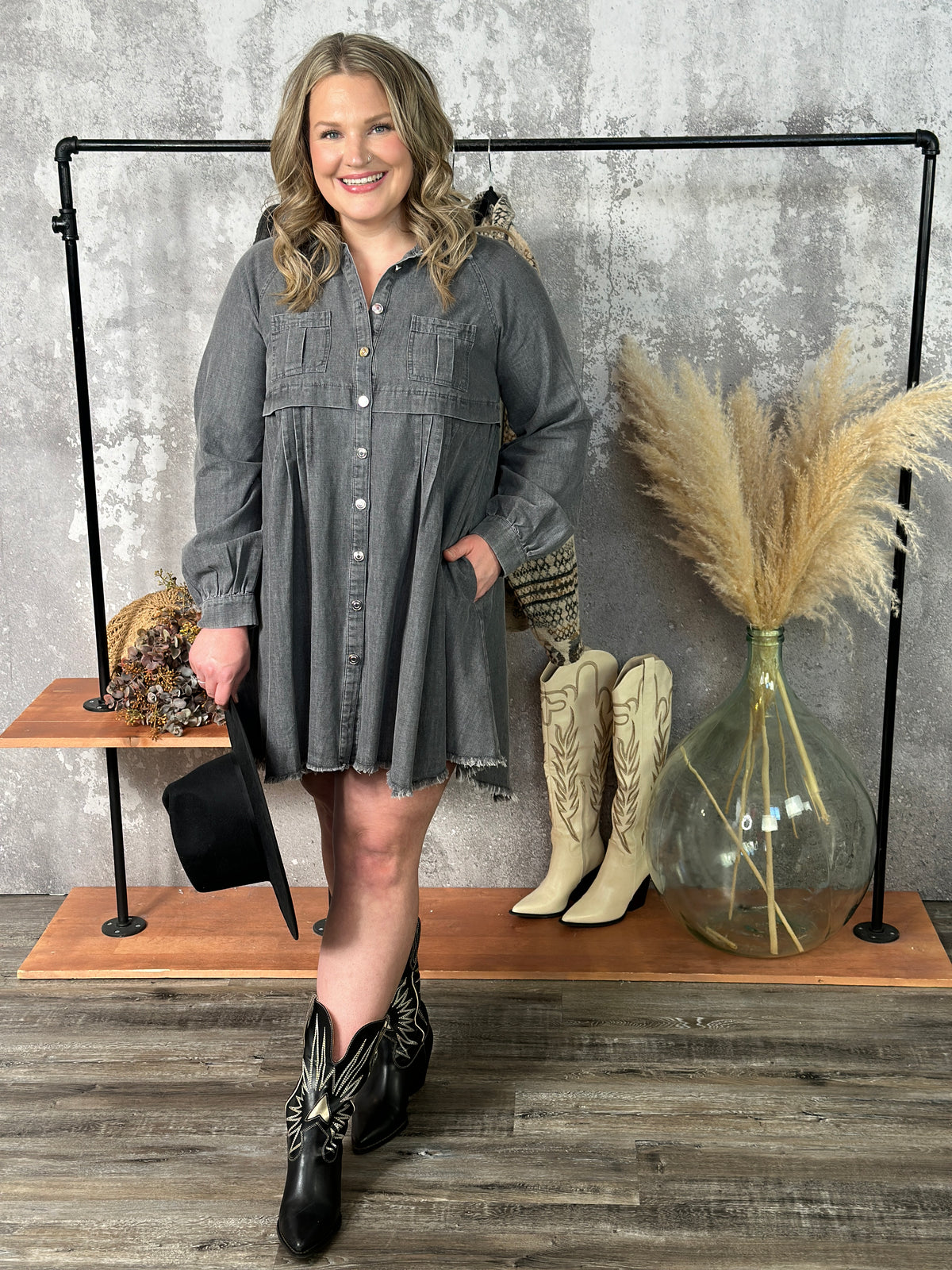 Charcoal Light Denim Babydoll Dress