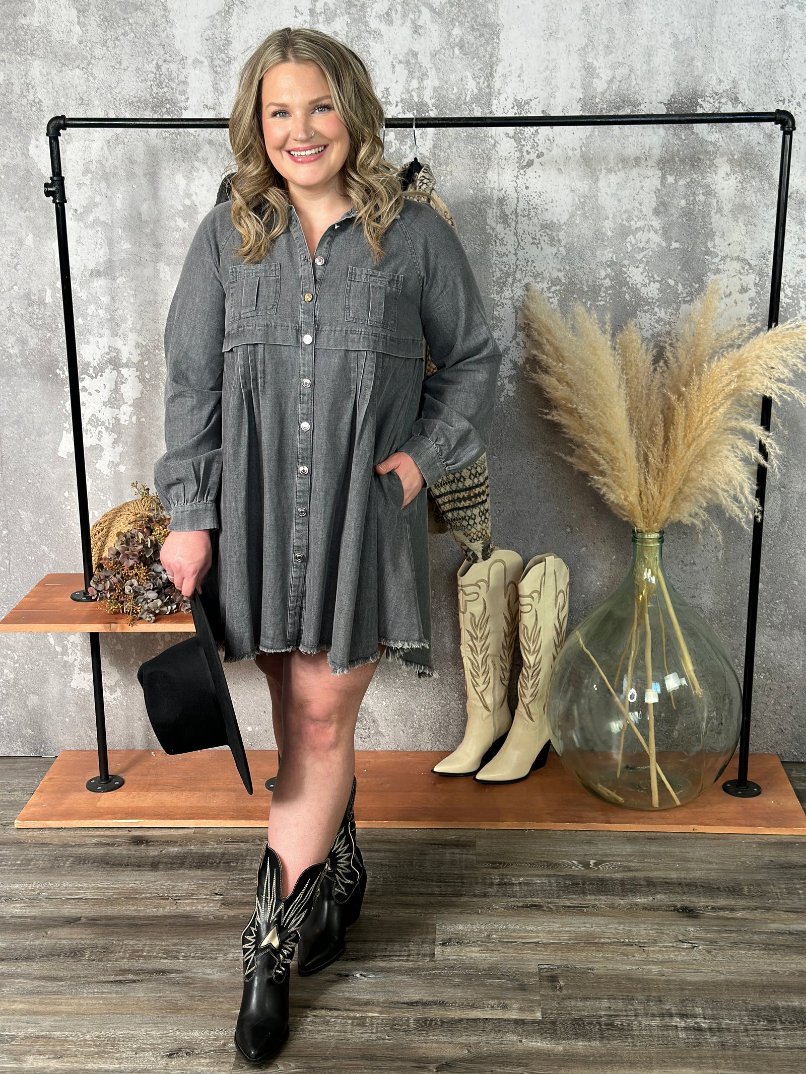 Charcoal Light Denim Babydoll Dress