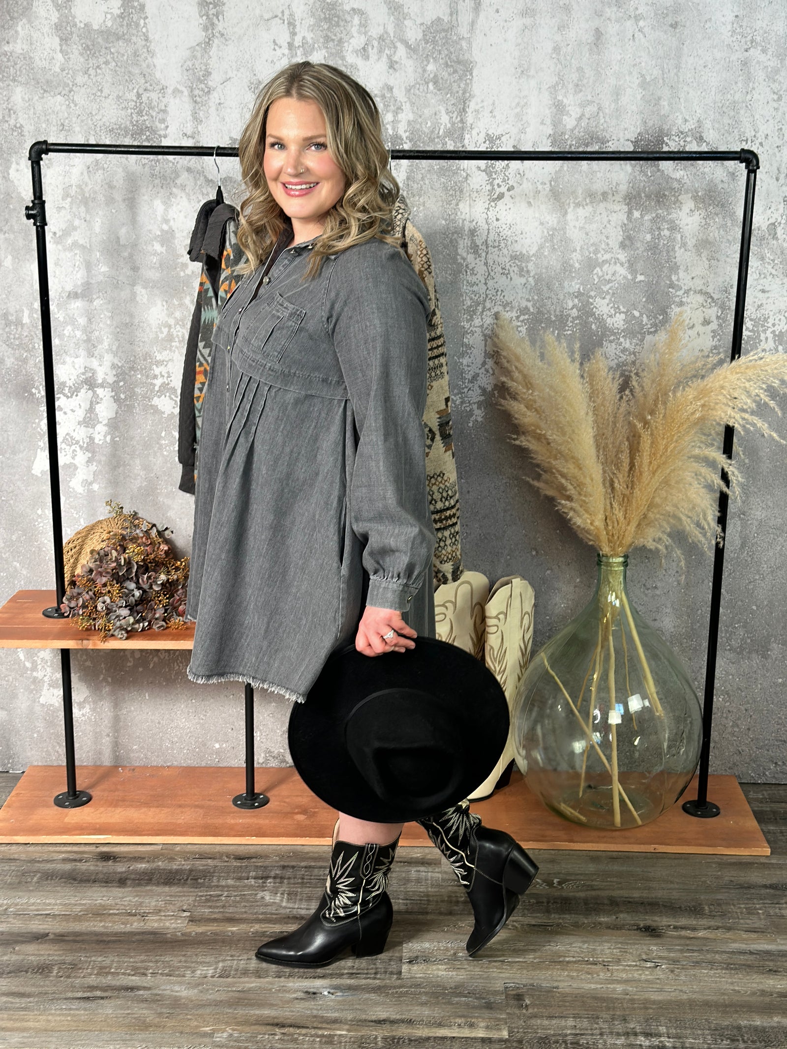 Charcoal Light Denim Babydoll Dress