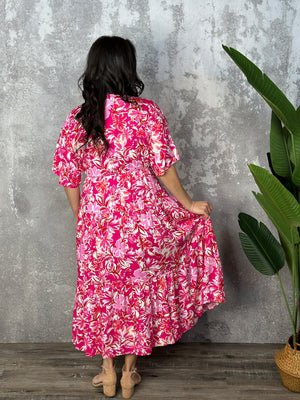 Pink Floral Kimono Sleeve Maxi Dress (Small - 2X)