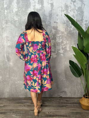 Jewel Tone Floral Long Sleeve Dress (Small - 3X)