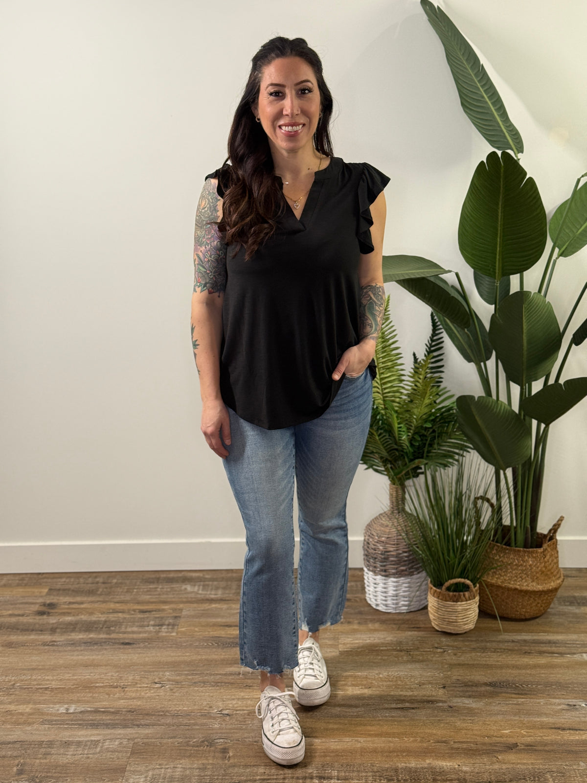 The Wrinkle Free Lizzie Ruffle Tank - Black (Small - 3X)