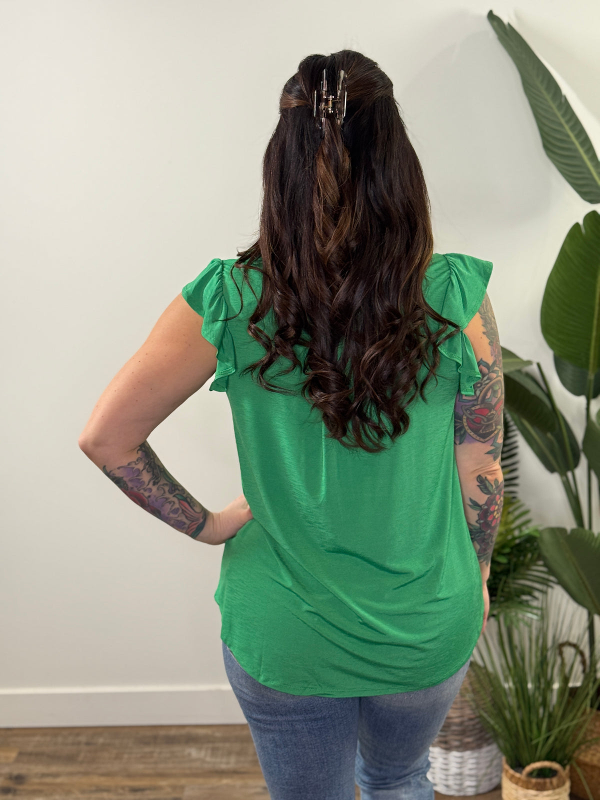 The Wrinkle Free Lizzie Ruffle Tank - Green (Small - 3X)