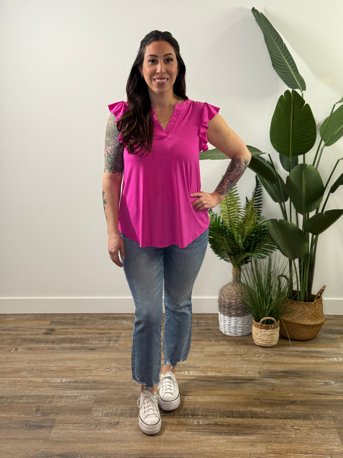 The Wrinkle Free Lizzie Ruffle Tank - Magenta (Small - 3X)