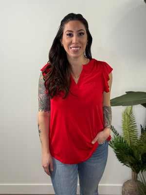 The Wrinkle Free Lizzie Ruffle Tank - Red (Small - 3X)