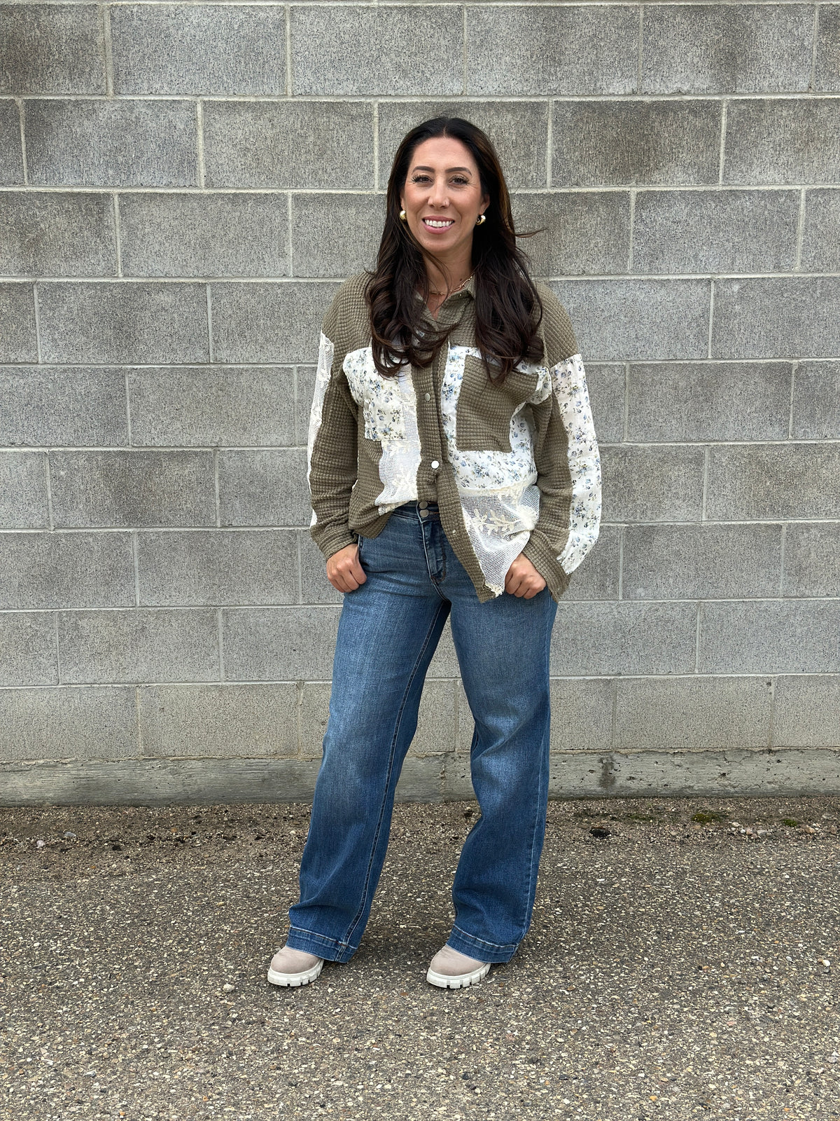 Olive Thermal Floral Panel Shacket Top (Small - 3X)