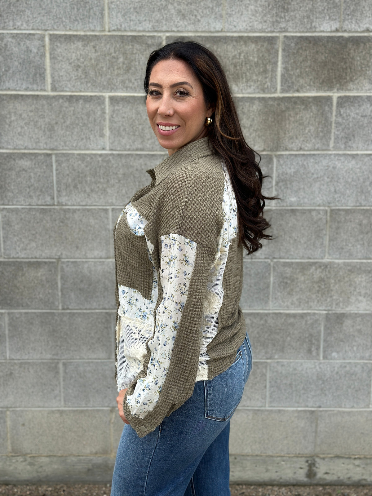 Olive Thermal Floral Panel Shacket Top (Small - 3X)