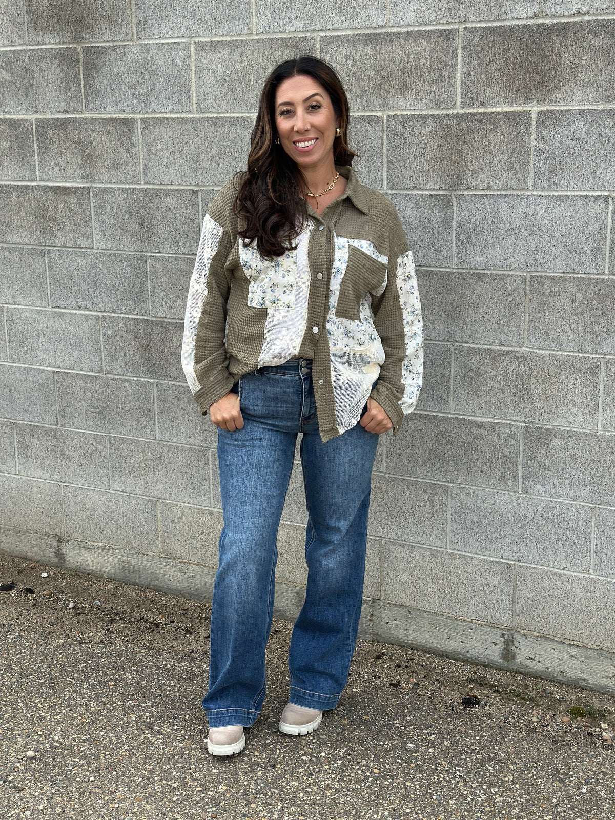 Olive Thermal Floral Panel Shacket Top (Small - 3X)