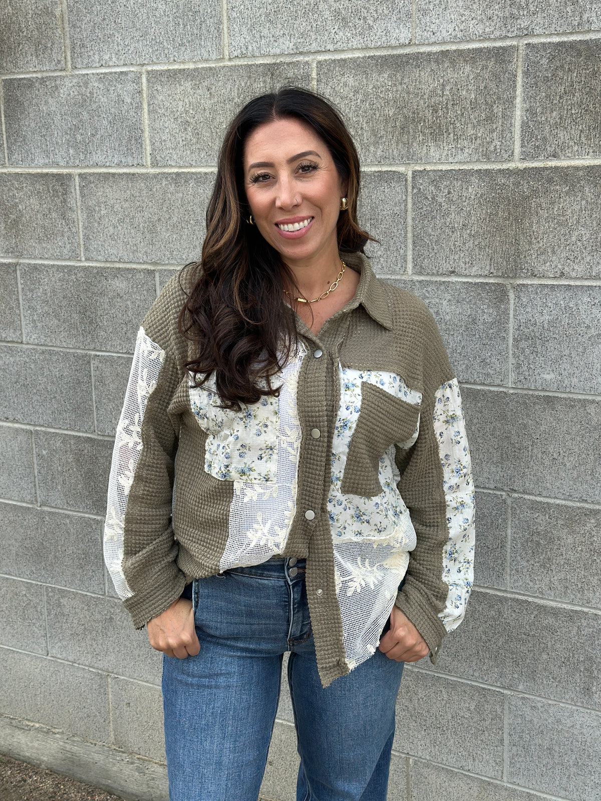 Olive Thermal Floral Panel Shacket Top (Small - 3X)