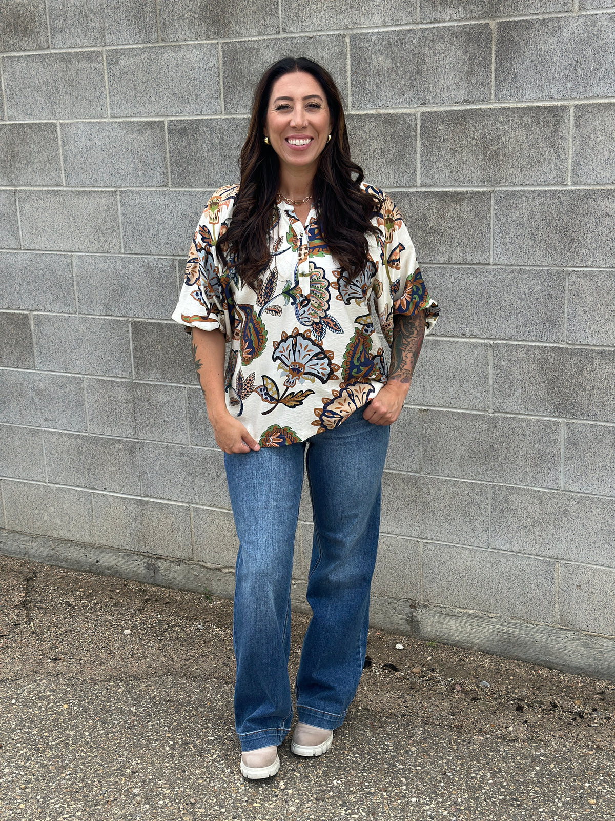 3/4 Sleeve Cream Floral Top (Small - 2X) - FINAL SALE