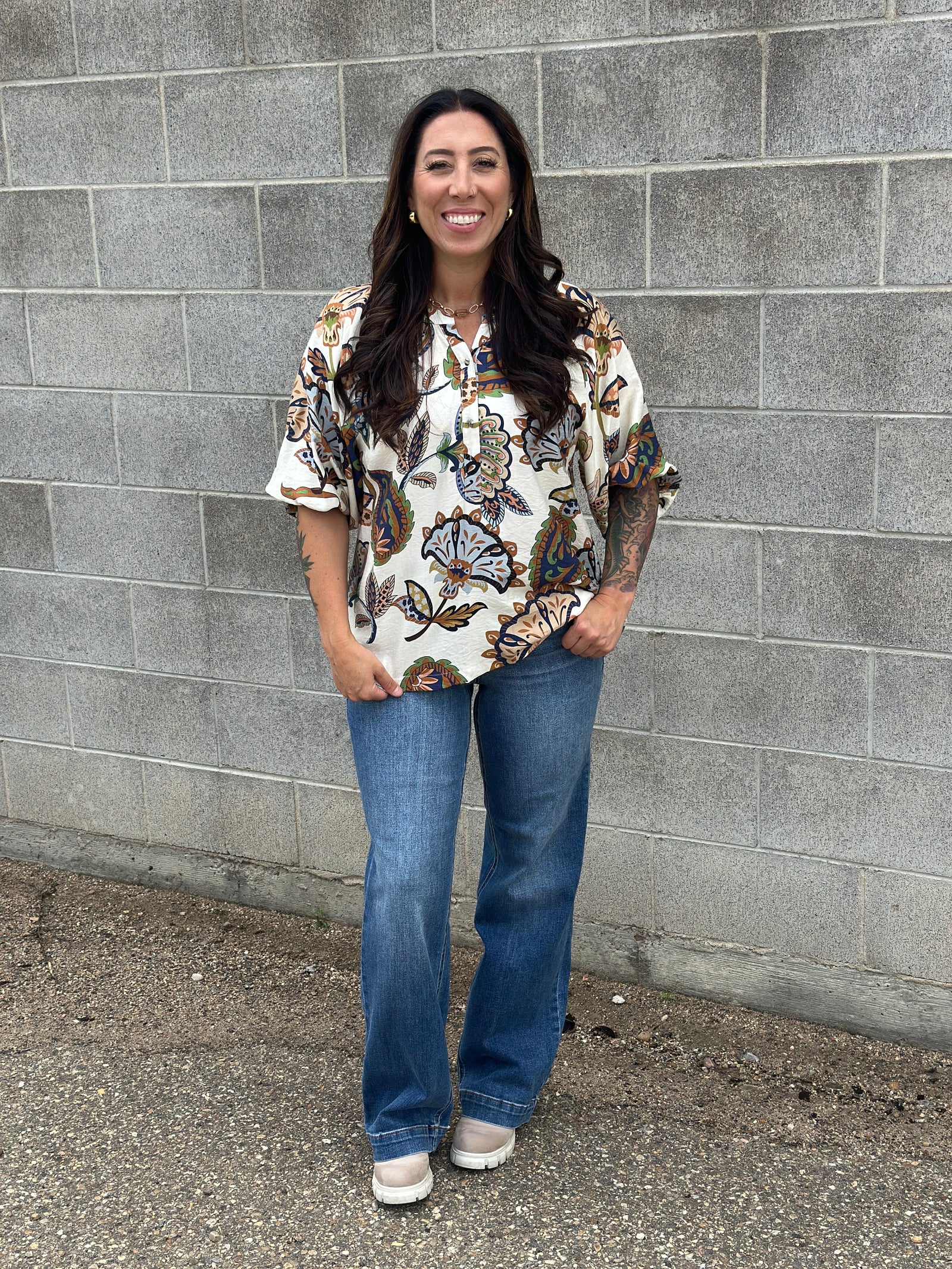 3/4 Sleeve Cream Floral Top (Small - 2X) - FINAL SALE