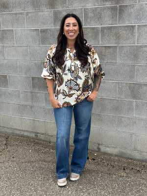 3/4 Sleeve Cream Floral Top (Small - 2X) - FINAL SALE