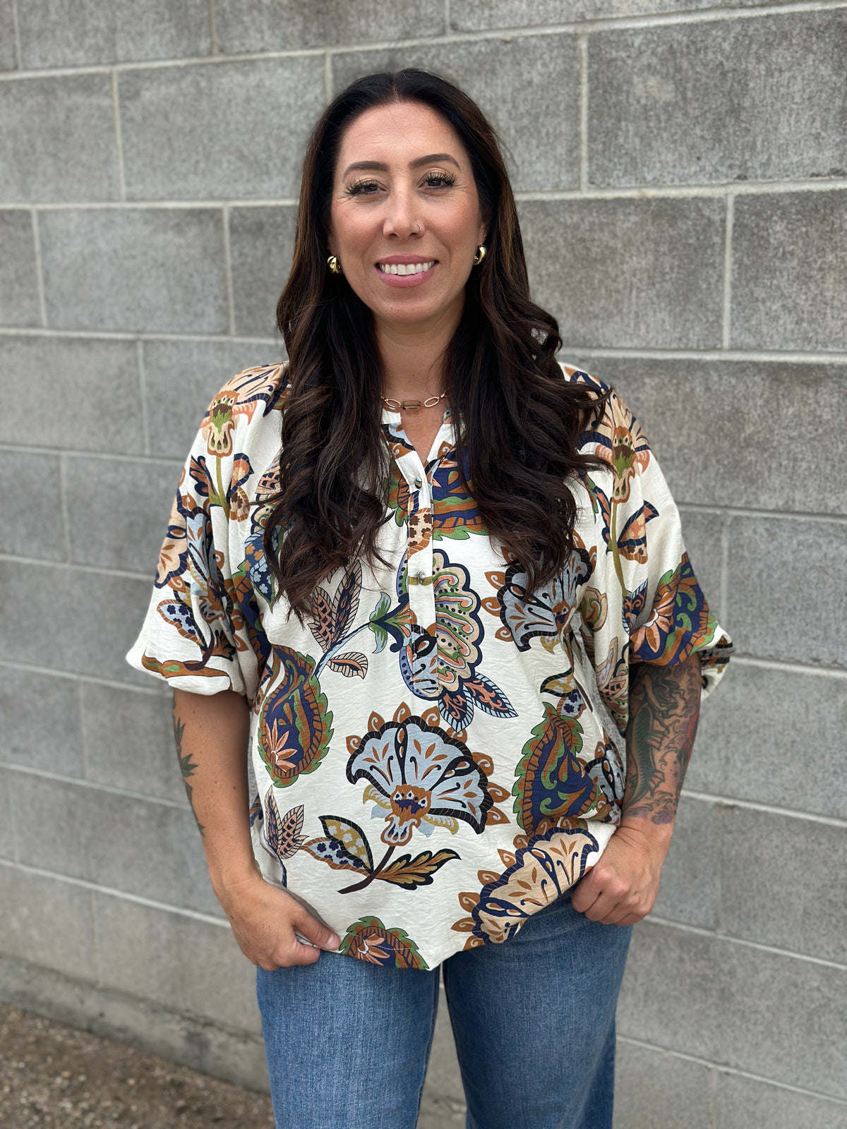 3/4 Sleeve Cream Floral Top (Small - 2X) - FINAL SALE