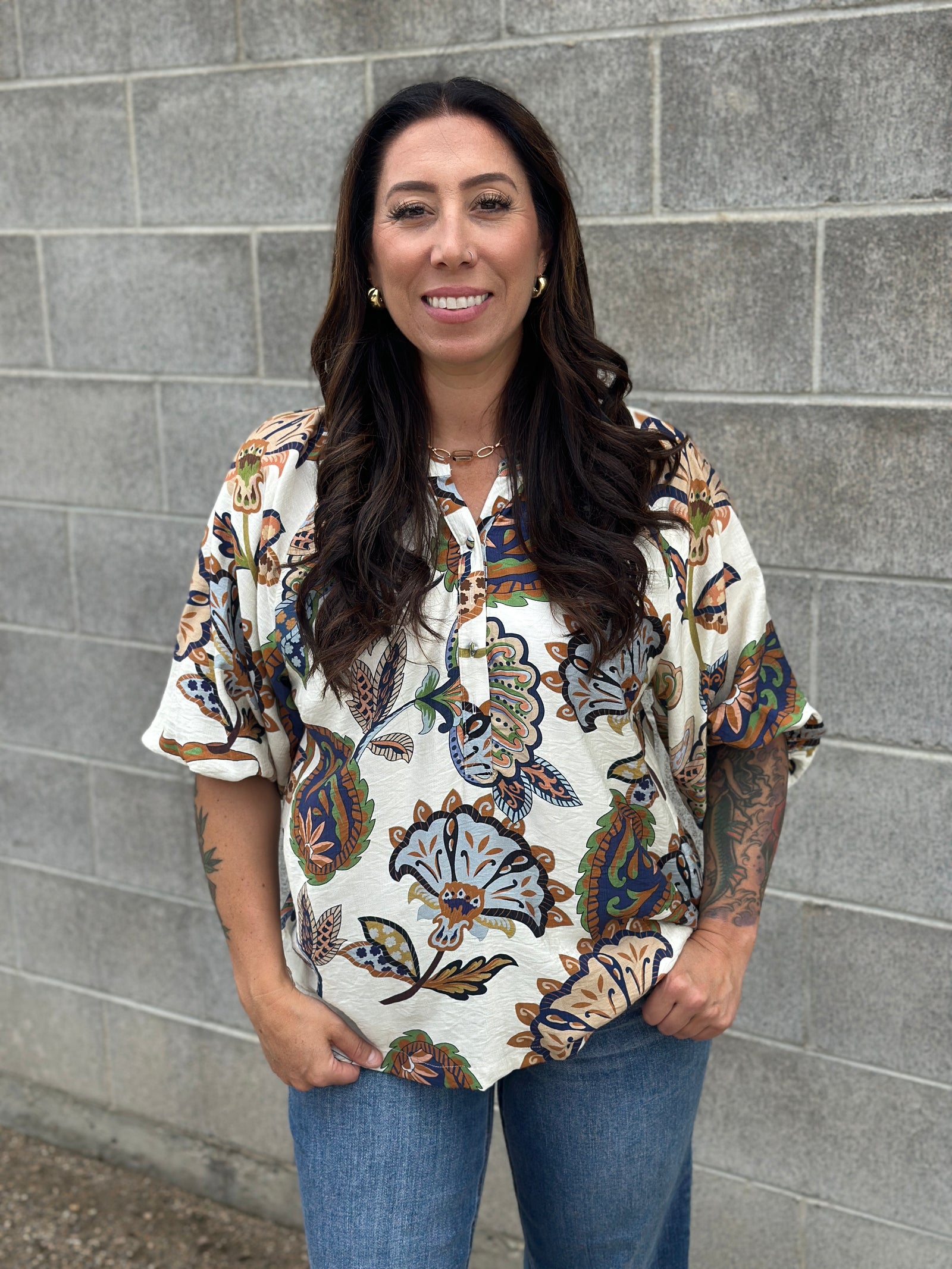 3/4 Sleeve Cream Floral Top (Small - 2X) - FINAL SALE